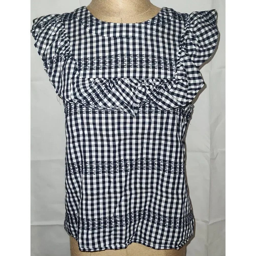 Waverly Grey Anthropologie Luu Gingham Ruffle Sleeve Top Navy and White Small
